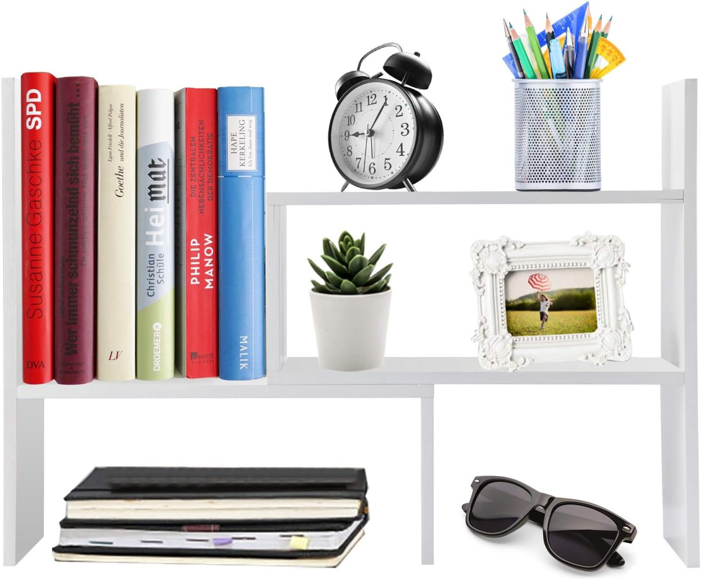 Adjustable Desktop Bookshelf Wood Book Organizer, Countertop Bookcase Office Supplies Wood Desk Organizer Literature Display Rack (White)