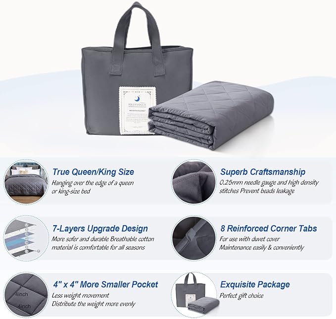 JOLLYVOGUE Weighted Blanket Queen (15lbs, 60''x80''), Cooling Heavy Blanket Washable for Adult with Premium Glass Beads-Grey