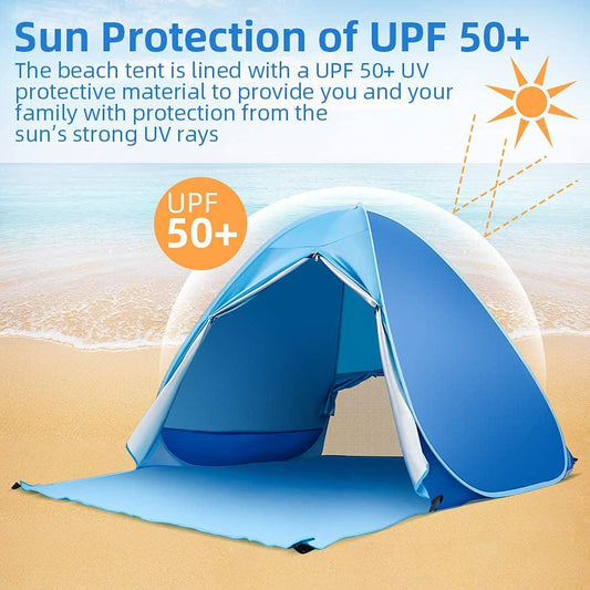 Pop Up Beach Tent 2-4 Person Sun Shelter Lightweight Family Beach Shade UPF 50+ Anti UV Portable Beach Umbrella Automatic Instant Sunshade Cabana Canopy, (Blue)