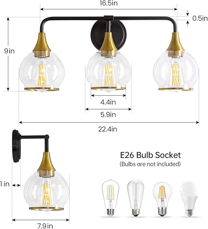 Black and Gold Bathroom Vanity Light 3-Lights Bathroom Light Fixturer1