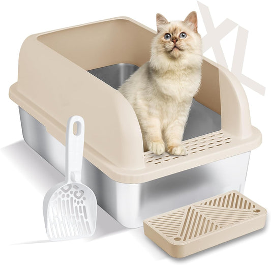 Chenove Extra Large Stainless Steel Litter Box with Lid, High Wall Enclosed Cat Litter Boxes for Anti-Leakage, XL Metal Litter Box with Scoop, Easy Clean Cat Box for Multi Cats, Non-Sticky Litter Pan