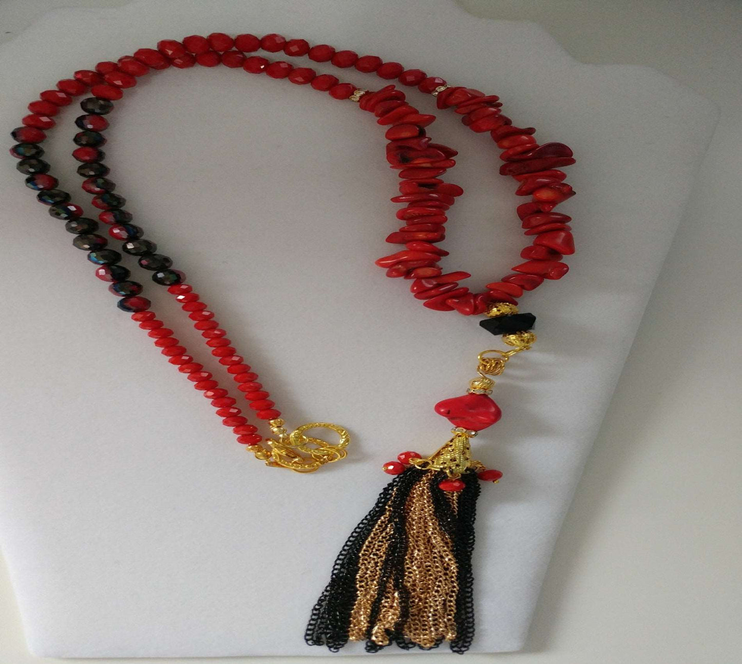 Red Coral and Crystal Long Necklace