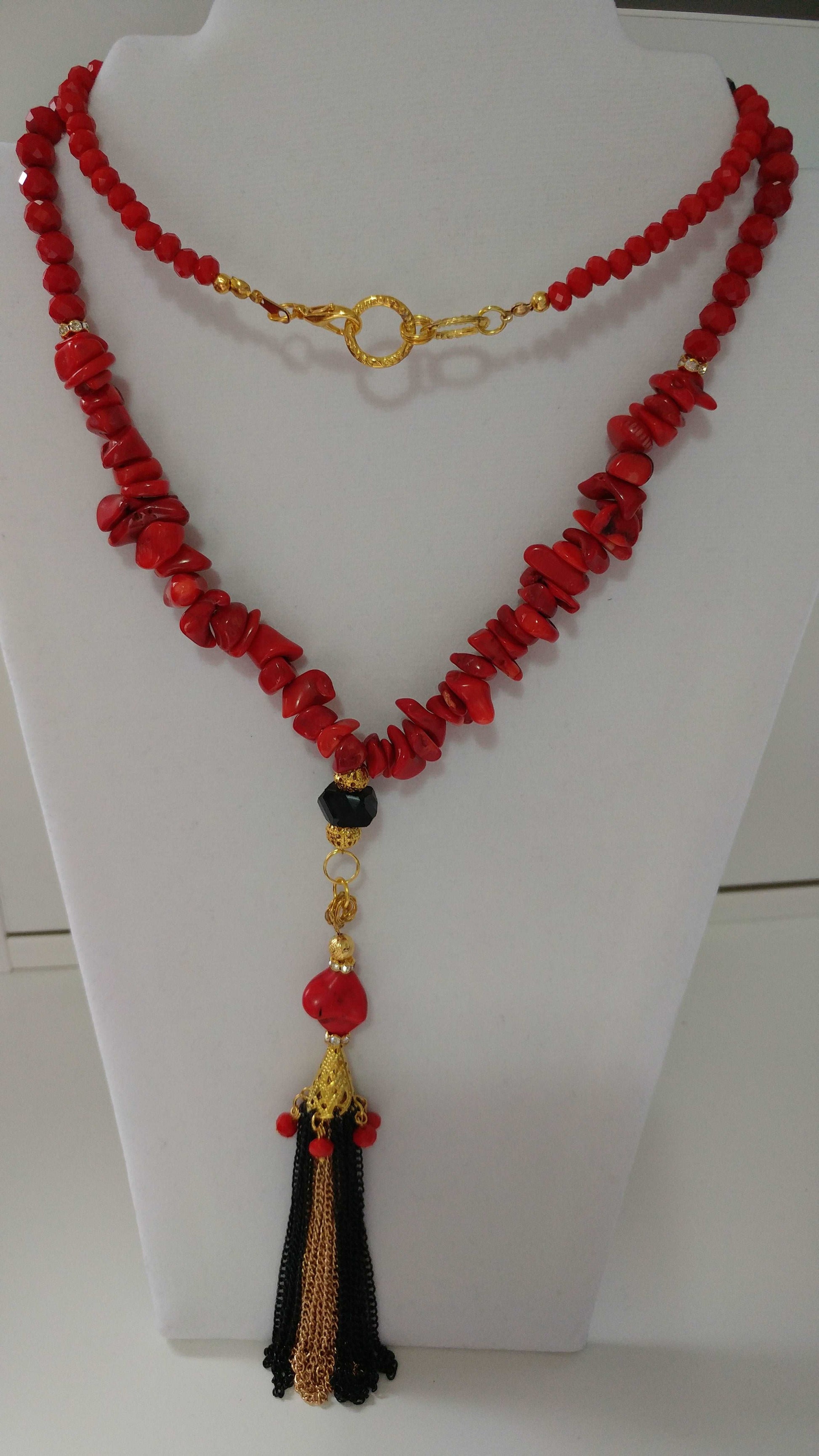 Red Coral and Crystal Long Necklace