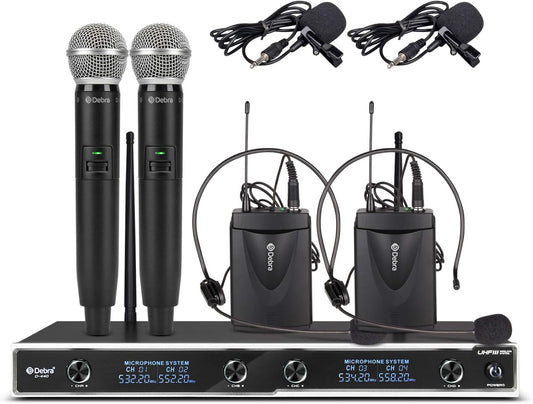 Debra Audio D-440 !!!UHF 4-Channel Wireless Microphone System with 4 Cordless Mics, Home Karaoke KTV Set, Ideal for Party, Church, Weddings, Stage, DJ, Outdoor, 300 Ft (2 Handheld & 2 Bodypack)