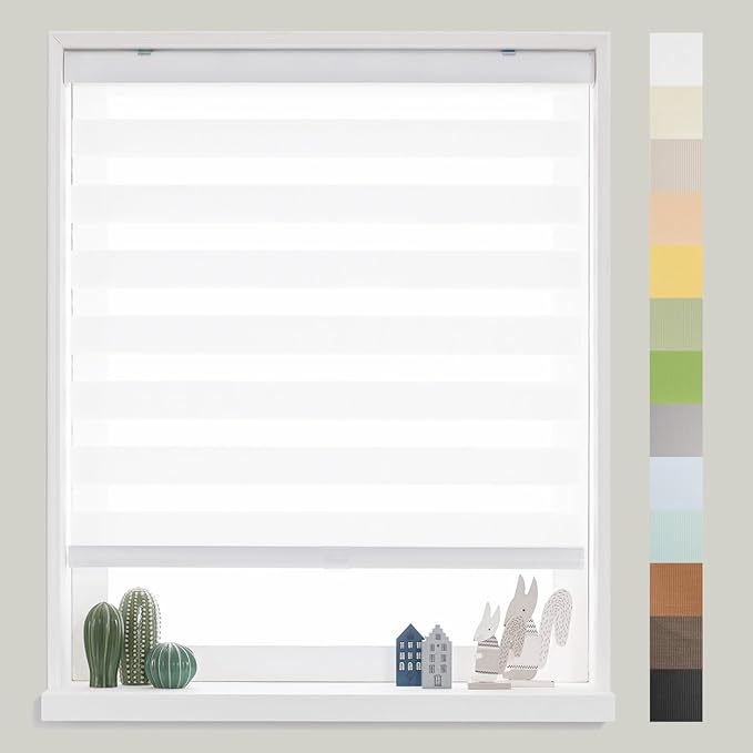 FOIRESOFT Standard Zebra Roller Shades and Blinds [Basic, White, W47 in X H64 in(119W x 163H cm)] Dual Layer Sheer for Day and Night Light Control Privacy, 20 to 105 in Height