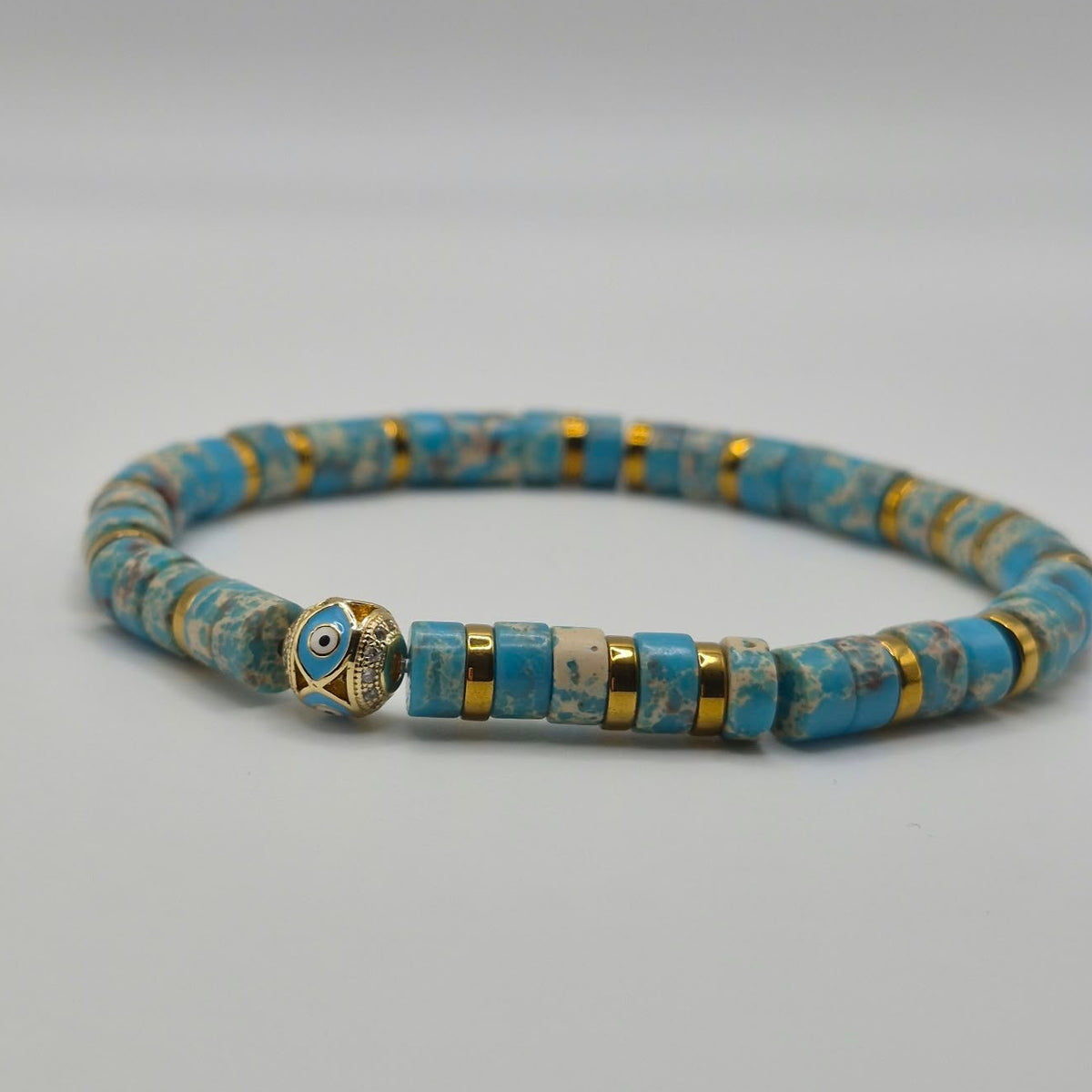 Blue Beaded Bracelet with Gold-Tone Accents & Evil Eye Detail