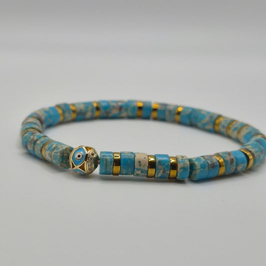 Turquoise Howalite Bracelet with Gold-Tone Accents & Evil Eye Detail