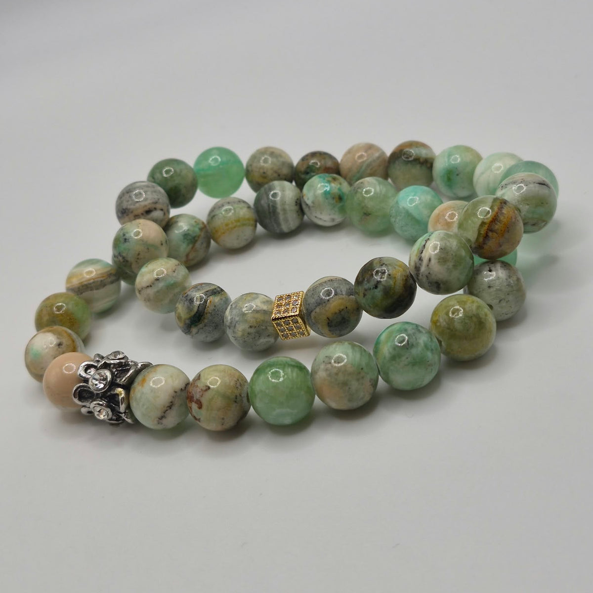 Green Lava Jasper & Cubic Zirconia Beaded Bracelet