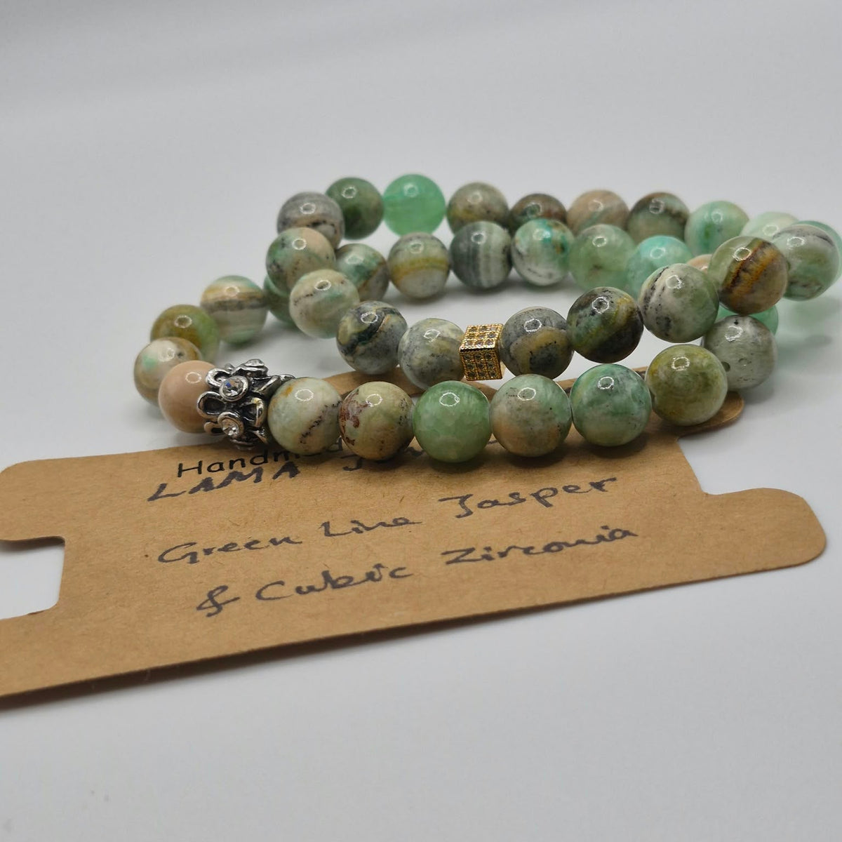 Green Lava Jasper & Cubic Zirconia Beaded Bracelet