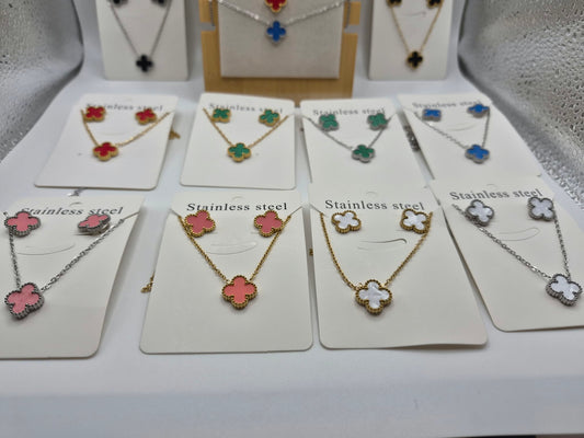 Stainless Steel Clover Necklace & Earring Set