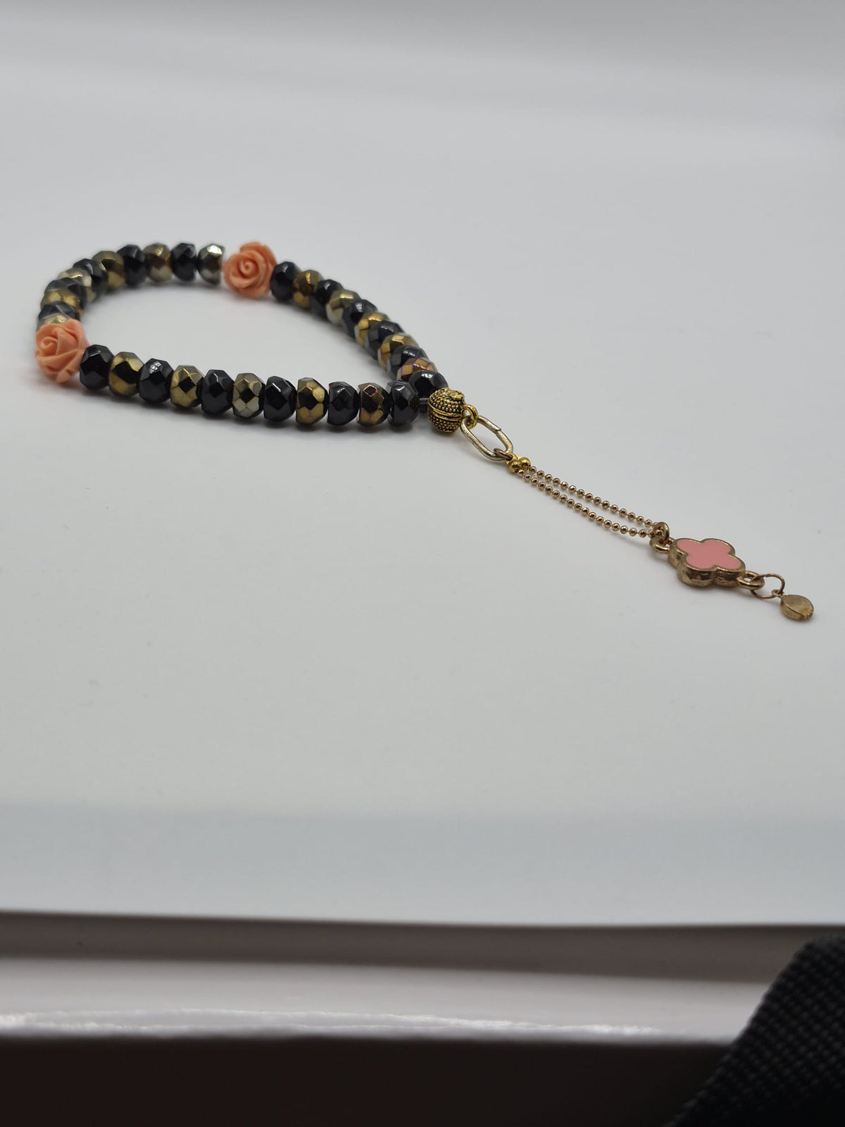 Black Faceted Prayer Beads with Floral Accents
