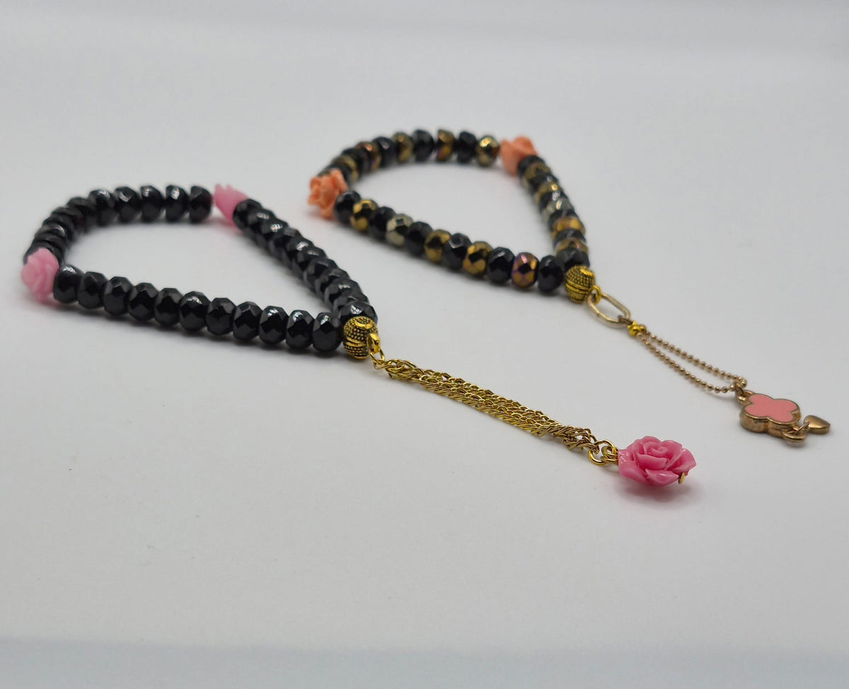 Black Faceted Prayer Beads with Floral Accents