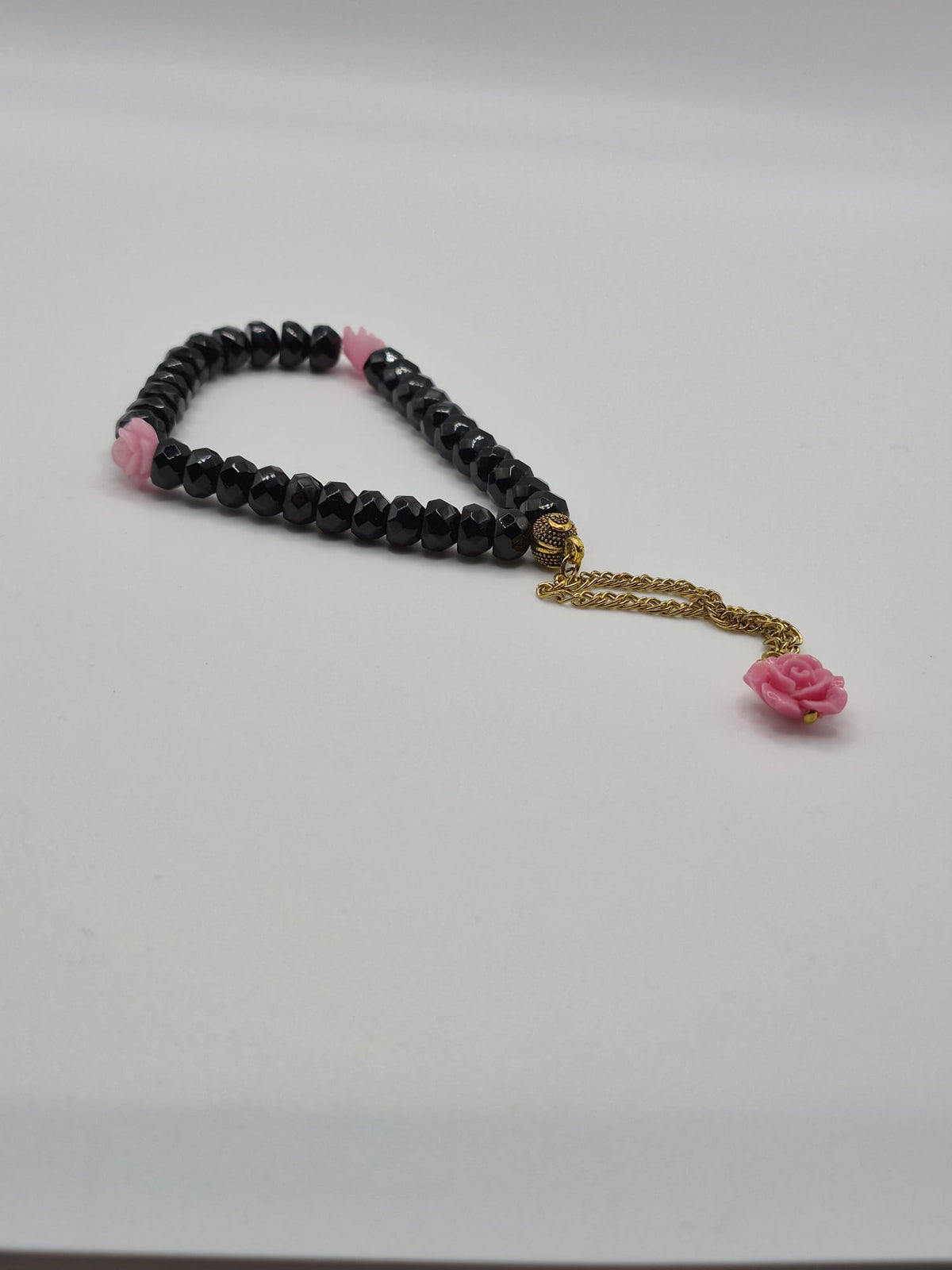 Black Faceted Prayer Beads with Floral Accents