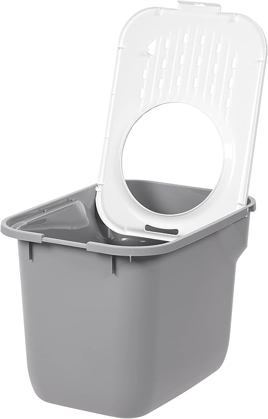 Rectangular Cat Litter Box with Catching Lid - Medium - Top Entry Stylish Enclosed Kitty Dog Proof Box, Litiere Pour Chat Bac - Gray/White