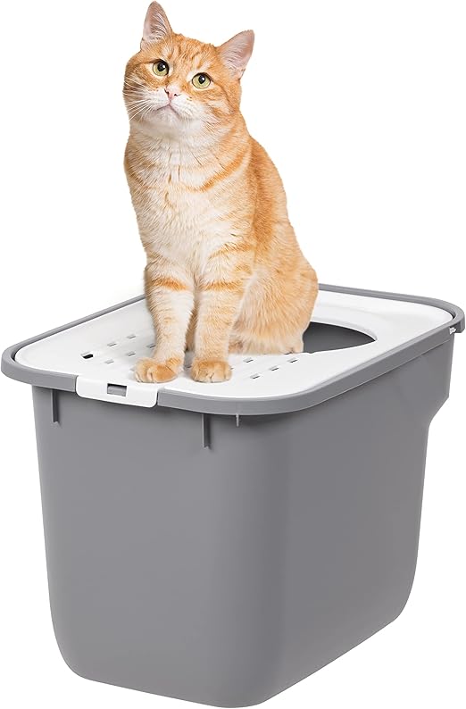 Rectangular Cat Litter Box with Catching Lid - Medium - Top Entry Stylish Enclosed Kitty Dog Proof Box, Litiere Pour Chat Bac - Gray/White