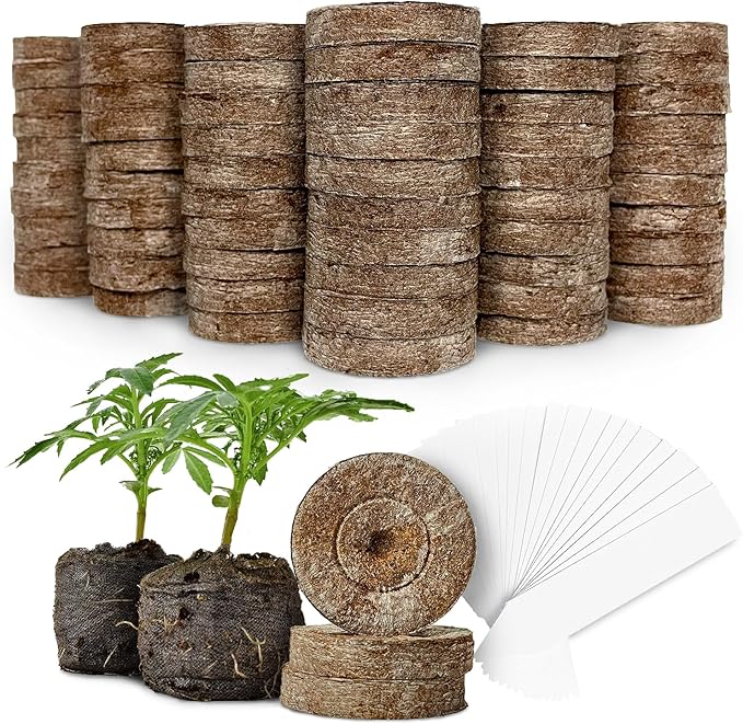 100 Count - Jiffy-7 Organic Peat Pellets with 20 Plant Labels, 42mm, Biodegradable Cornstarch Netting, Sproutlike