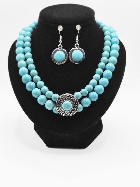 Turquoise-Blue Double-Strand Necklace & Earring Set